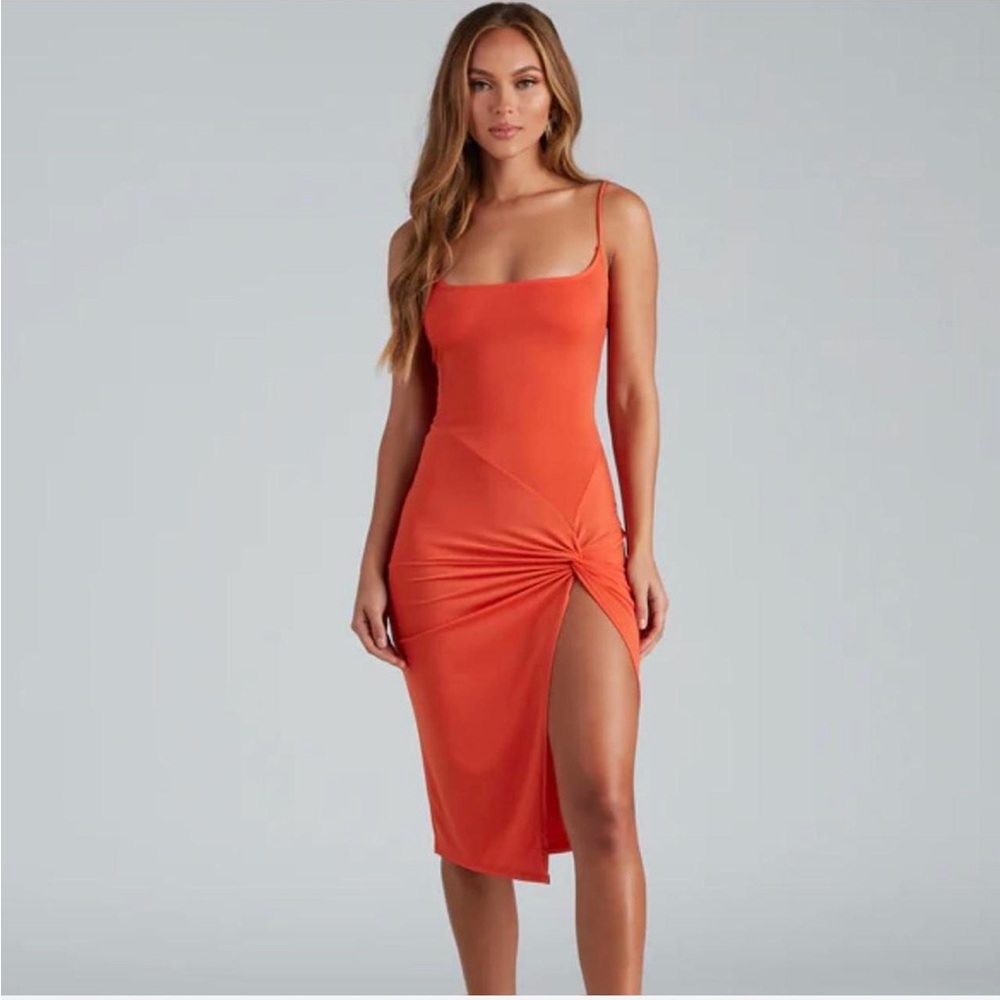 Windsor Orange Twist Front Midi Dress Size S NWT